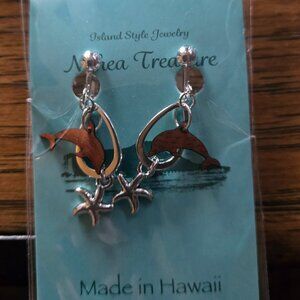 SILVER SEASTAR KOA WOOD DOLPHIN CUTOUTS CLIP ON DANGLING EARRINGS